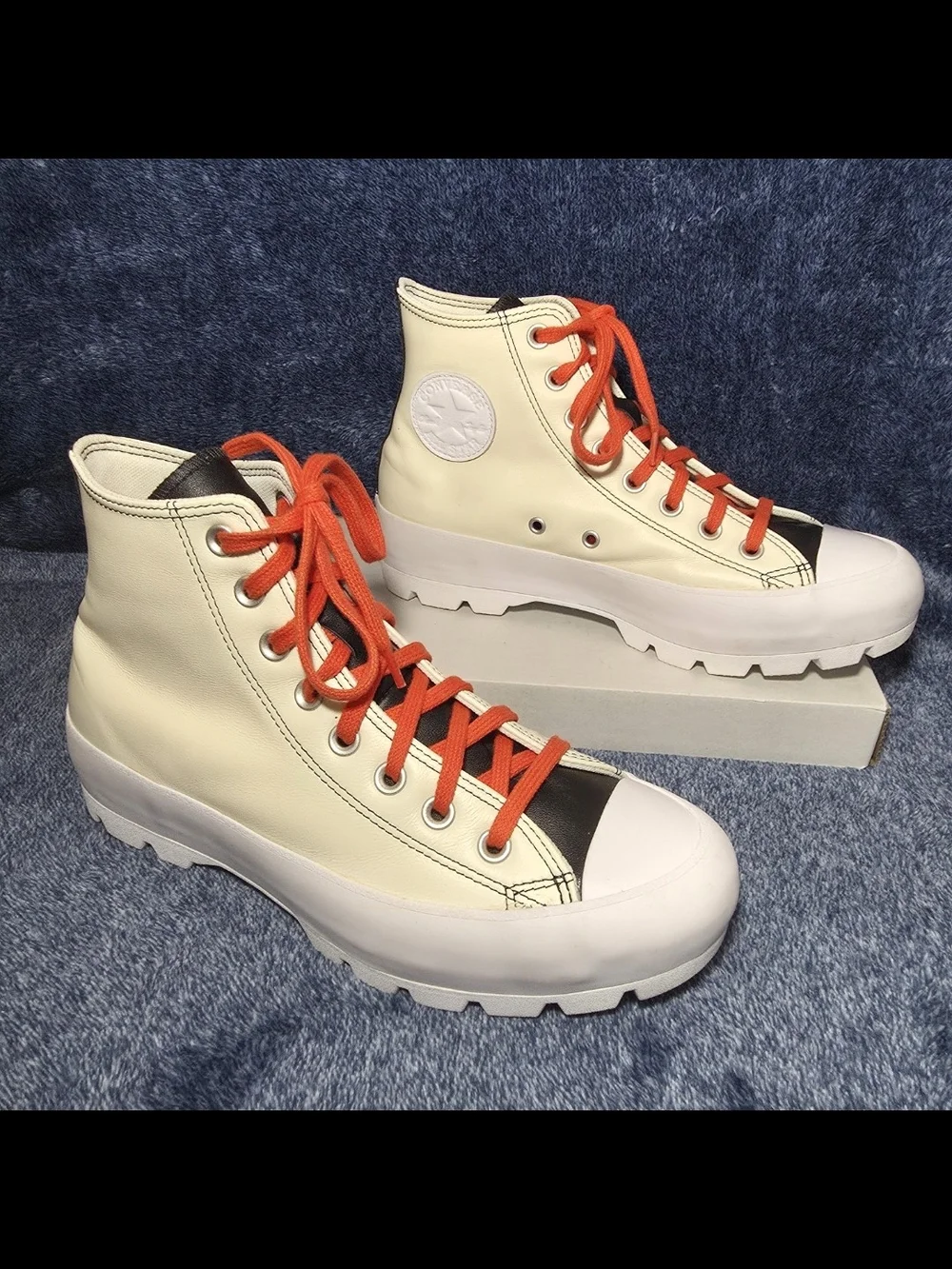 Converse Leather Lugged Winter High-Top Sneakers in Cream with Orange Laces - Picture 1 of 7
